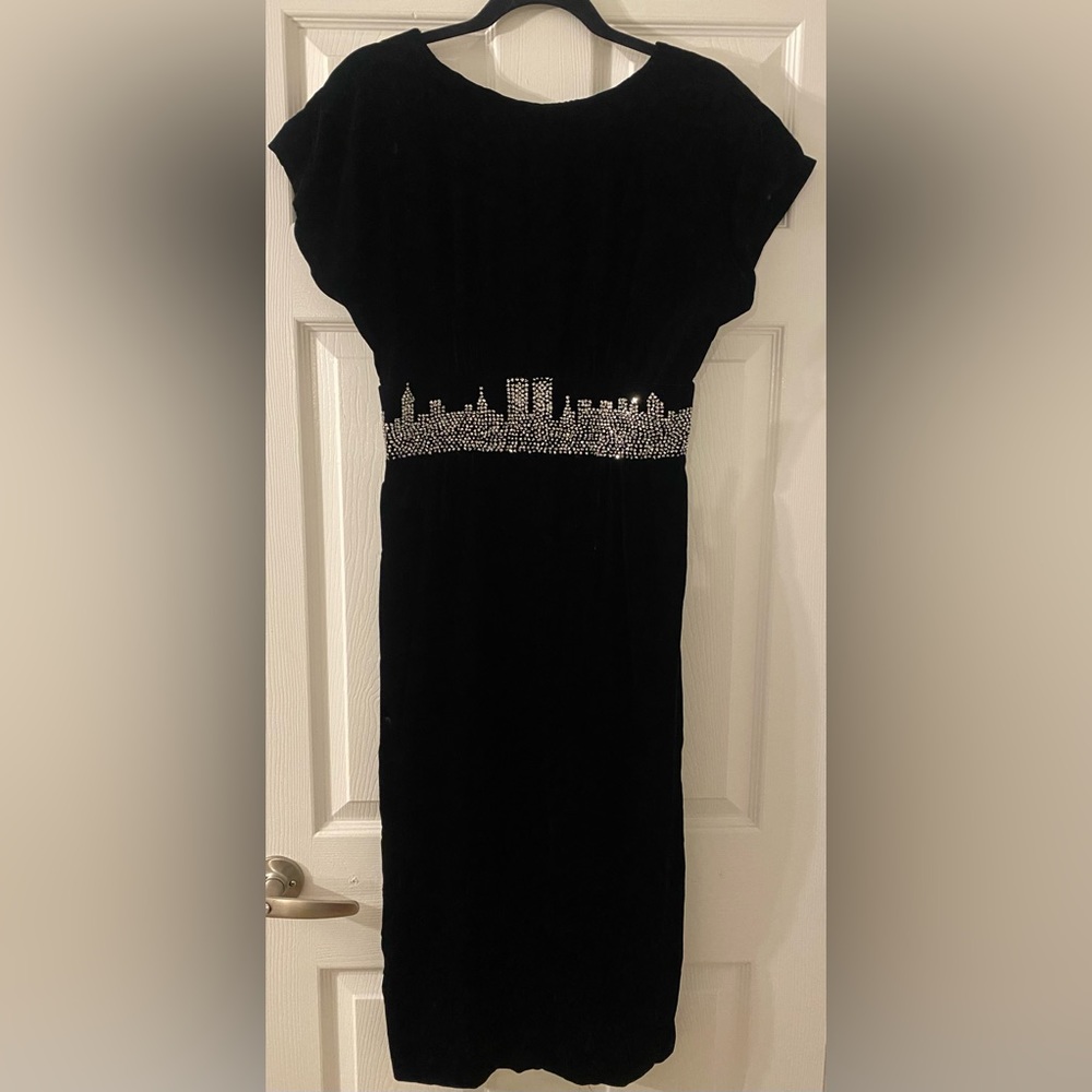 Vintage black velvet mid calf dress with back slit and bedazzled NYC skyline
